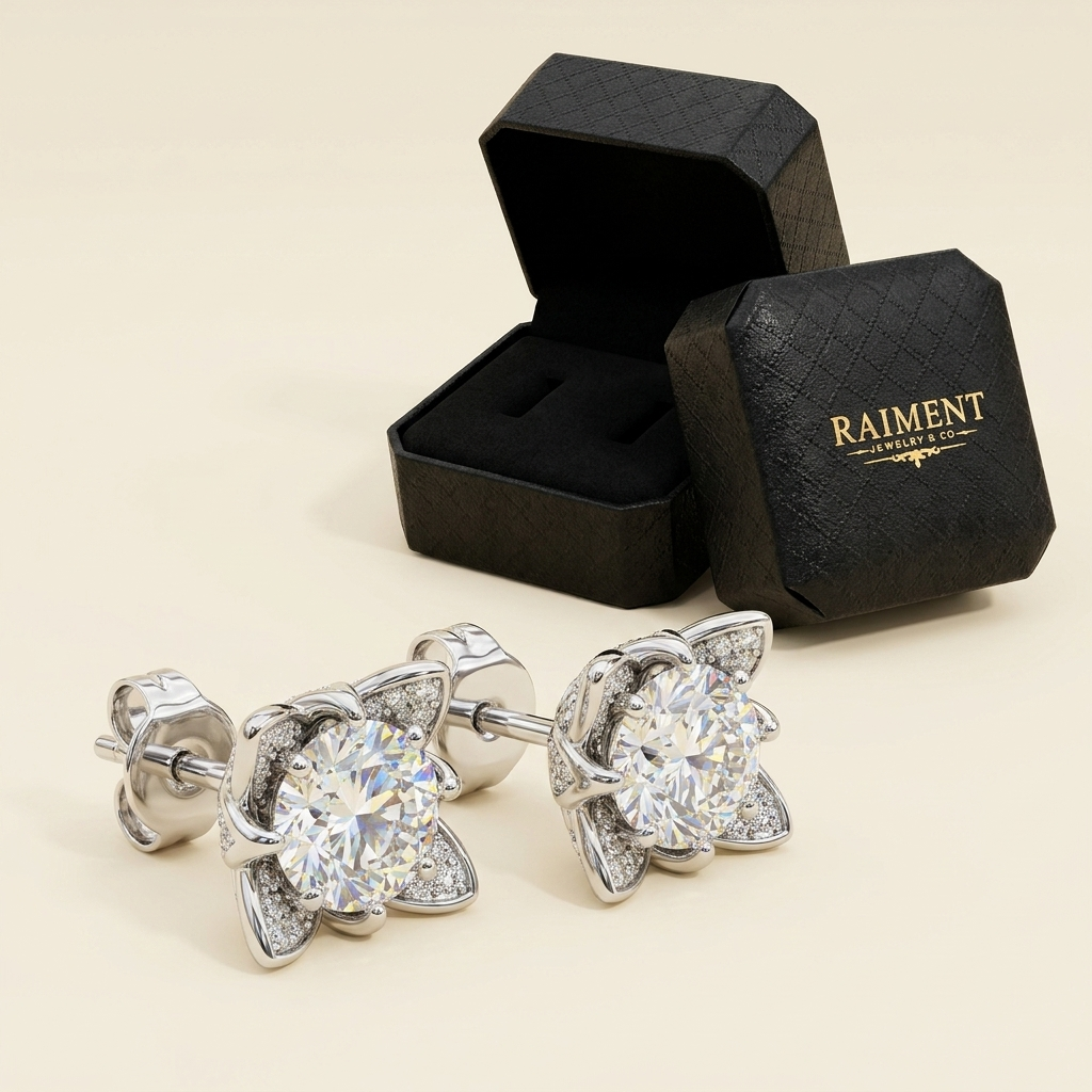 Raiment Jewelry & Co. moissanite lily flower stud earrings beside open jewelry box on cream background