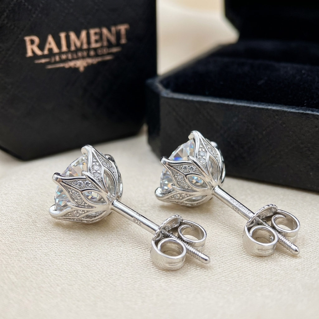 Moissanite lily flower stud earrings macro close-up, Raiment Jewelry & Co.