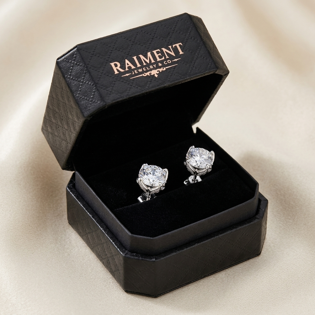 Moissanite lily flower stud earrings inside open jewelry box, Raiment Jewelry & Co.