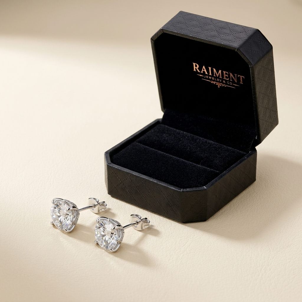 Moissanite lily flower stud earrings styled beside jewelry box on cream, Raiment Jewelry & Co.