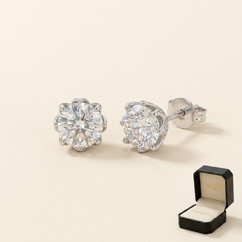 Moissanite lily flower stud earrings on cream background, Raiment Jewelry & Co.