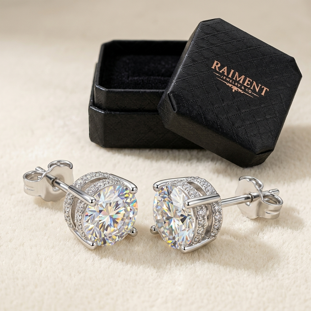 Raiment Jewelry & Co. moissanite crown-set stud earrings beside open jewelry box on cream background
