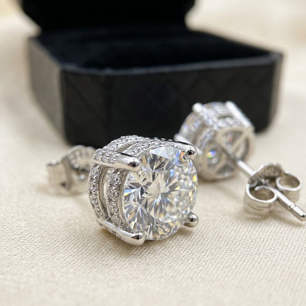 Moissanite crown-set stud earrings macro close-up, Raiment Jewelry & Co.