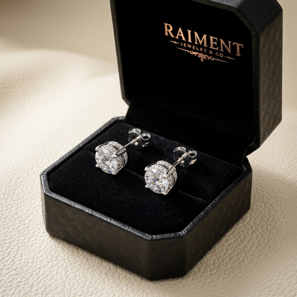 Moissanite crown-set stud earrings inside open jewelry box, Raiment Jewelry & Co.