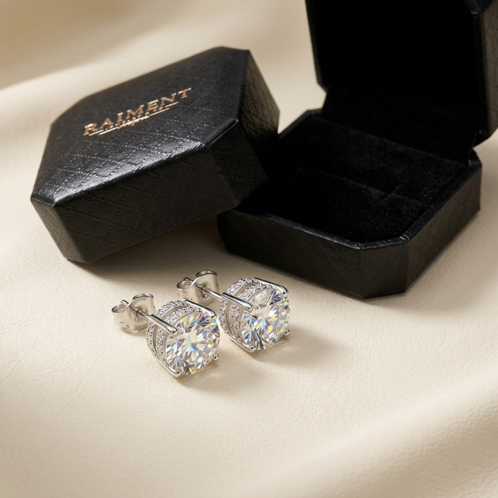 Moissanite crown-set stud earrings styled beside jewelry box on cream, Raiment Jewelry & Co.
