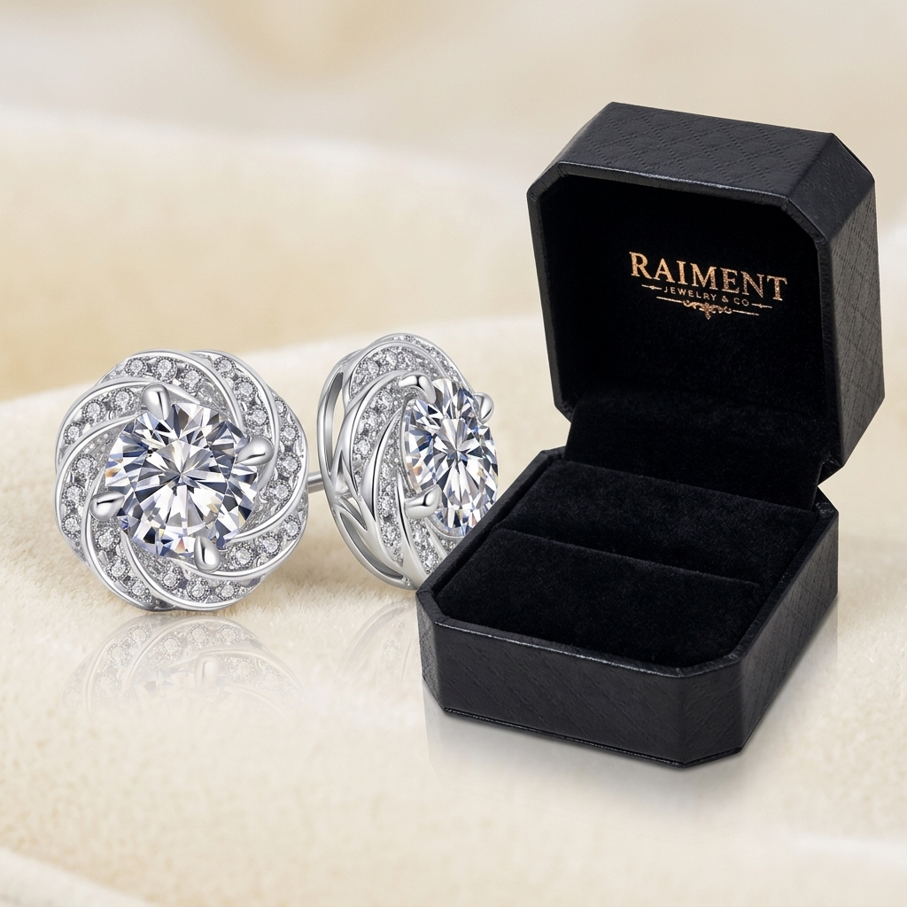 Raiment Jewelry & Co. moissanite pave halo stud earrings beside open jewelry box on cream background