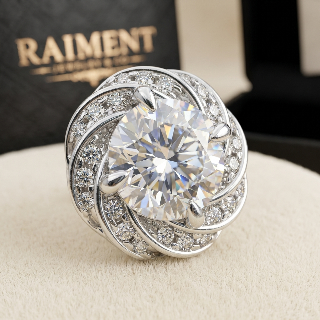 Moissanite pave halo stud earrings macro close-up, Raiment Jewelry & Co.