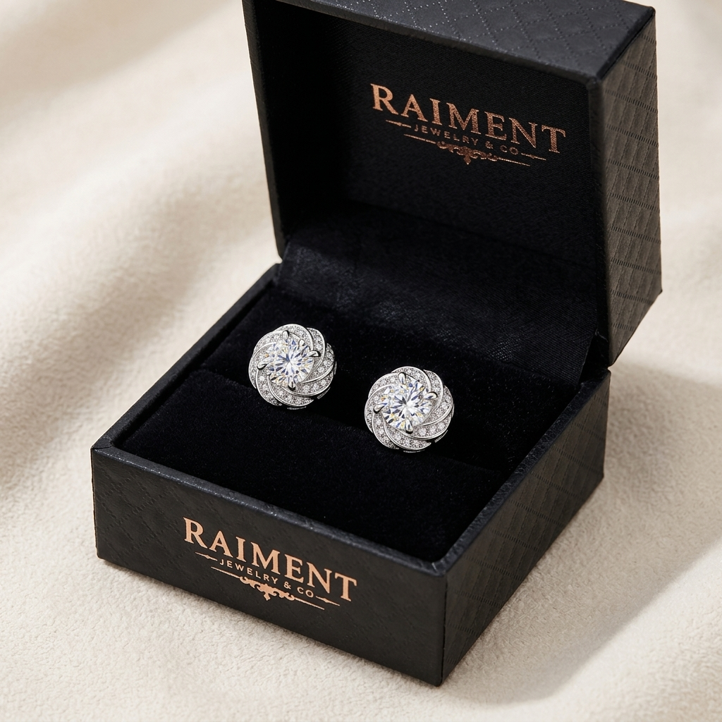 Moissanite pave halo stud earrings inside open jewelry box, Raiment Jewelry & Co.
