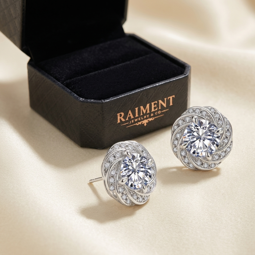 Moissanite pave halo stud earrings styled beside jewelry box on cream, Raiment Jewelry & Co.