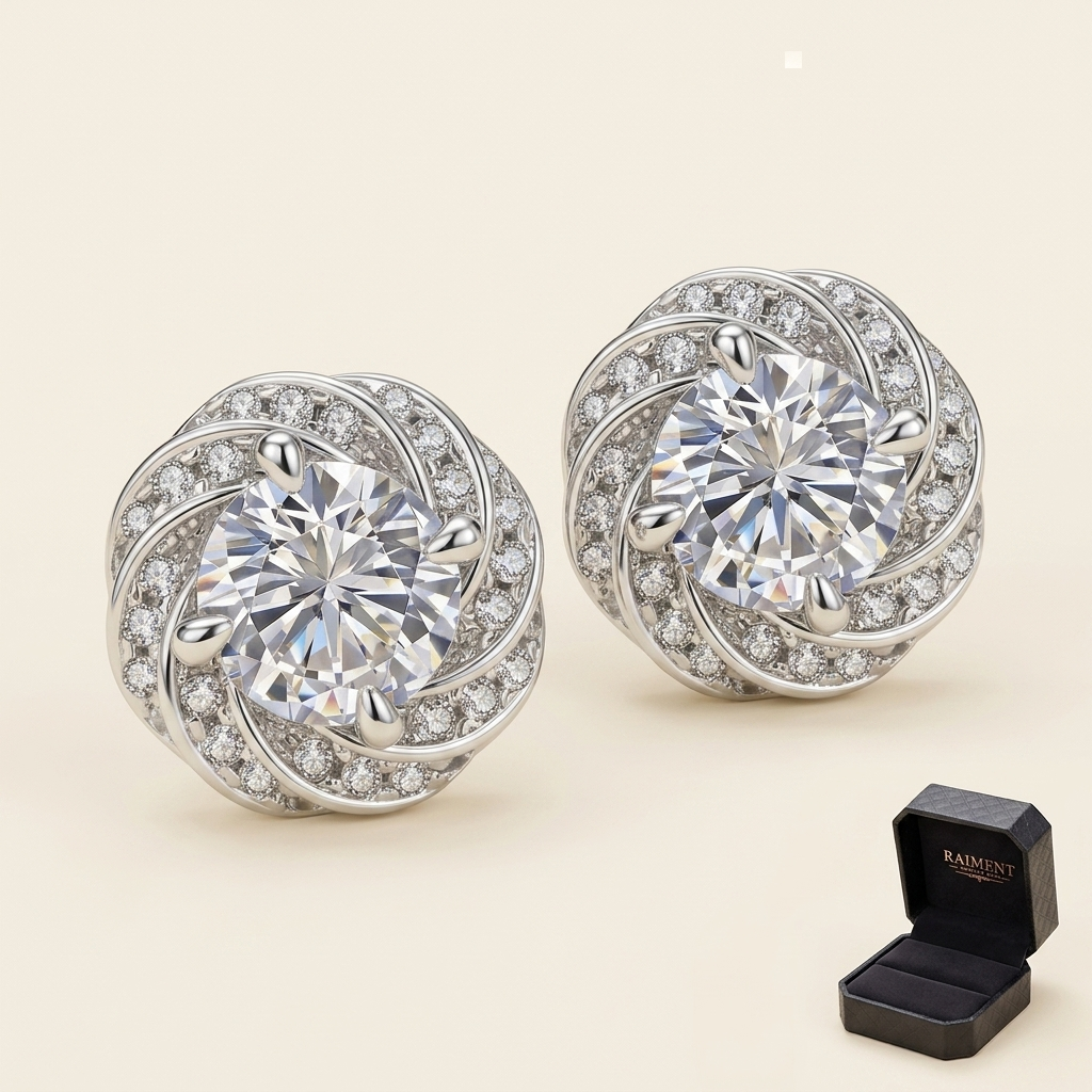 Moissanite pave halo stud earrings on cream background, Raiment Jewelry & Co.