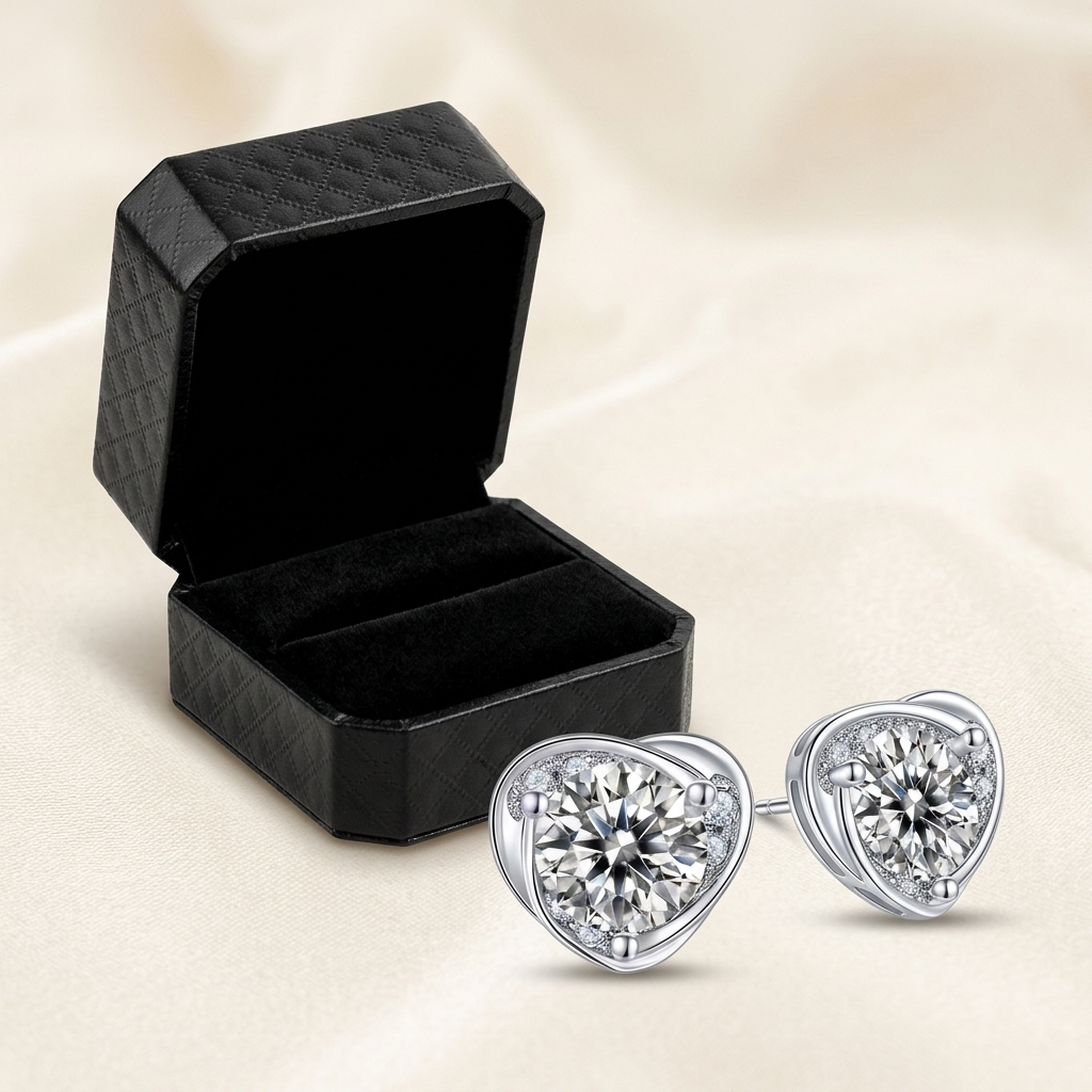 Raiment Jewelry & Co. moissanite heart halo stud earrings beside open jewelry box on cream background