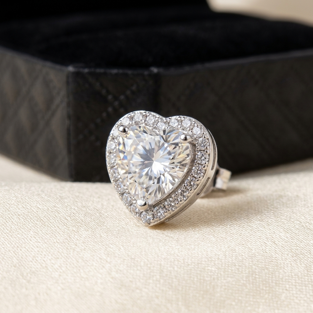 Moissanite heart halo stud earrings macro close-up, Raiment Jewelry & Co.