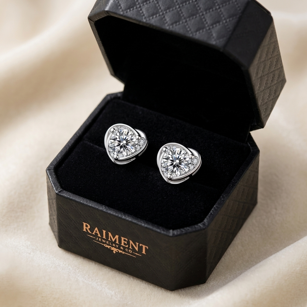 Moissanite heart halo stud earrings inside open jewelry box, Raiment Jewelry & Co.