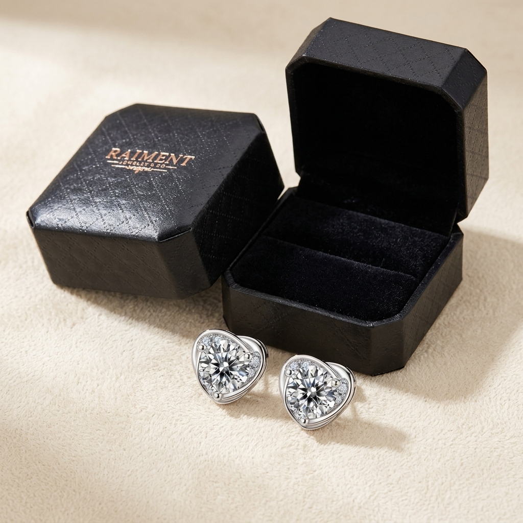 Moissanite heart halo stud earrings styled beside jewelry box on cream, Raiment Jewelry & Co.