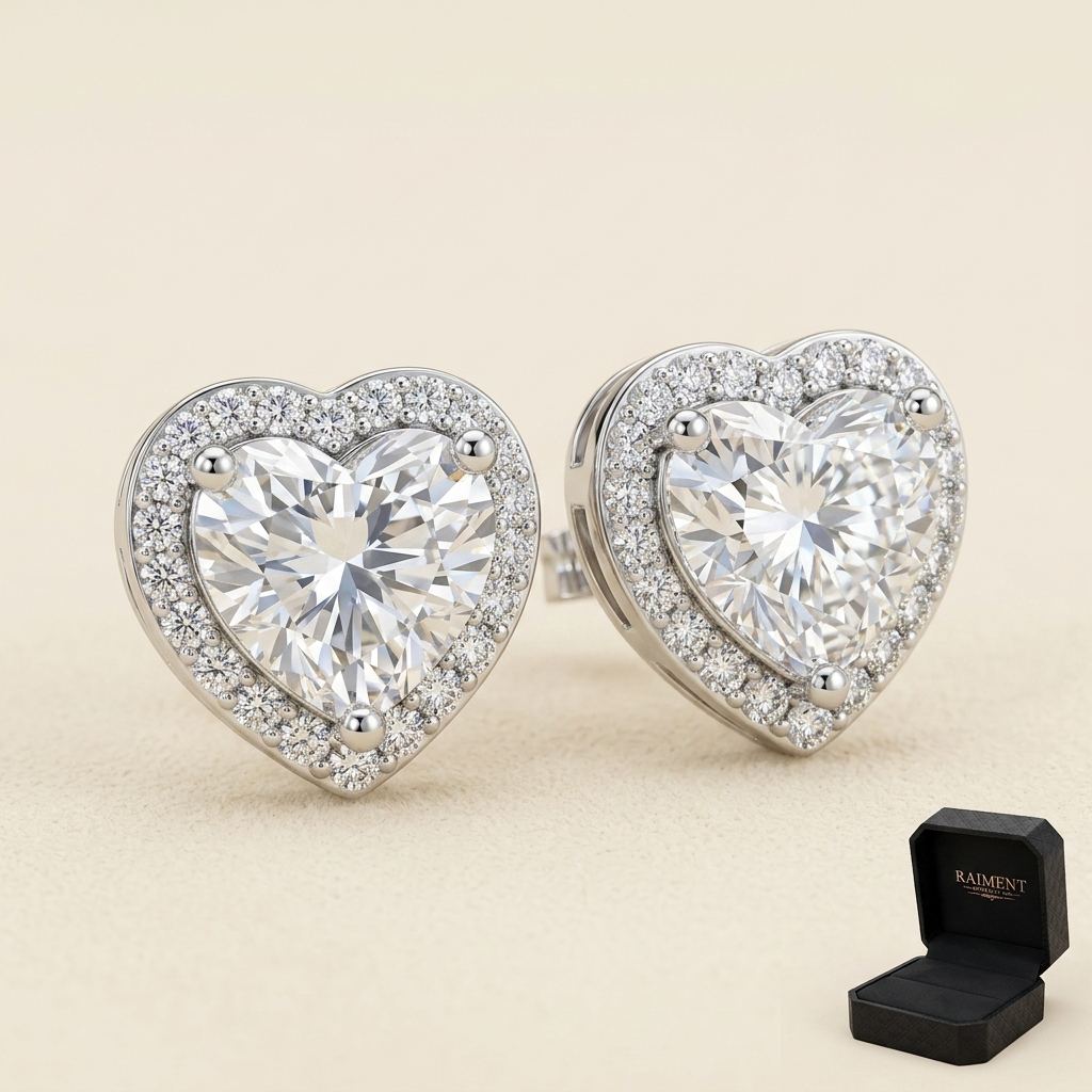 Moissanite heart halo stud earrings on cream background, Raiment Jewelry & Co.