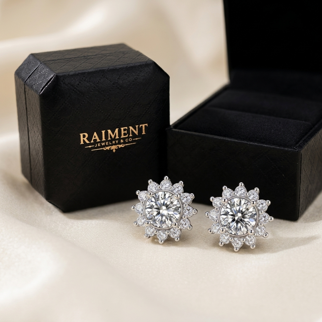 Raiment Jewelry & Co. moissanite sunflower halo stud earrings beside open jewelry box on cream background