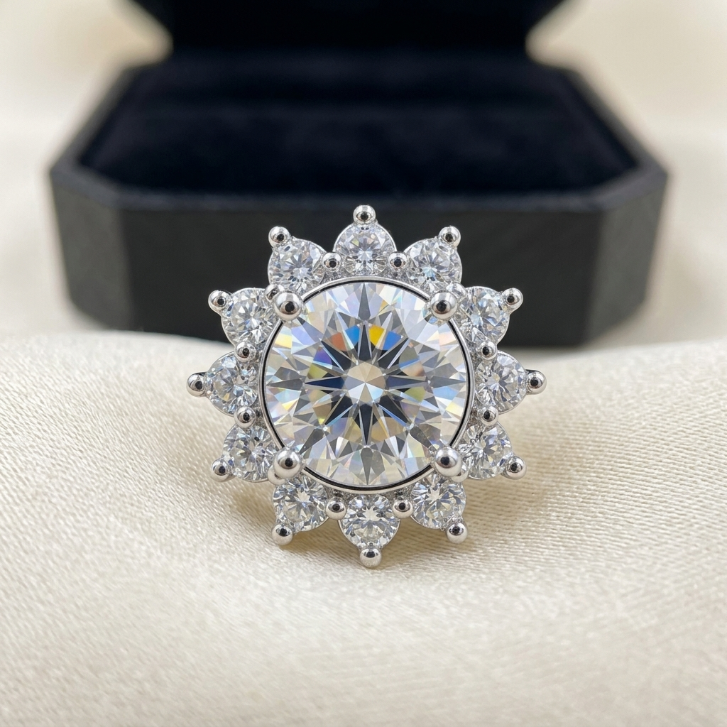 Moissanite sunflower halo stud earrings macro close-up, Raiment Jewelry & Co.