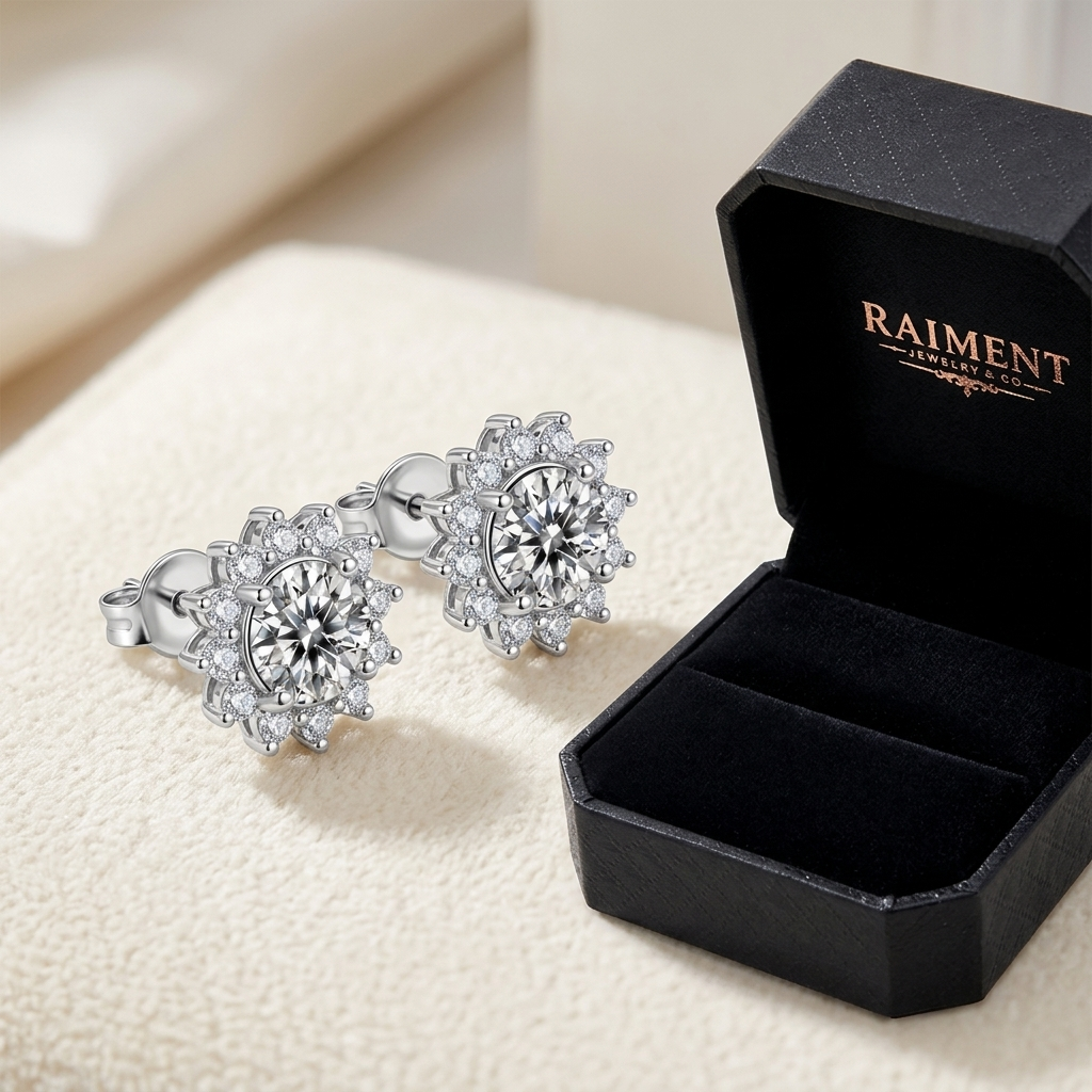 Moissanite sunflower halo stud earrings styled beside jewelry box on cream, Raiment Jewelry & Co.