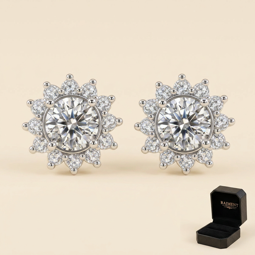 Moissanite sunflower halo stud earrings on cream background, Raiment Jewelry & Co.