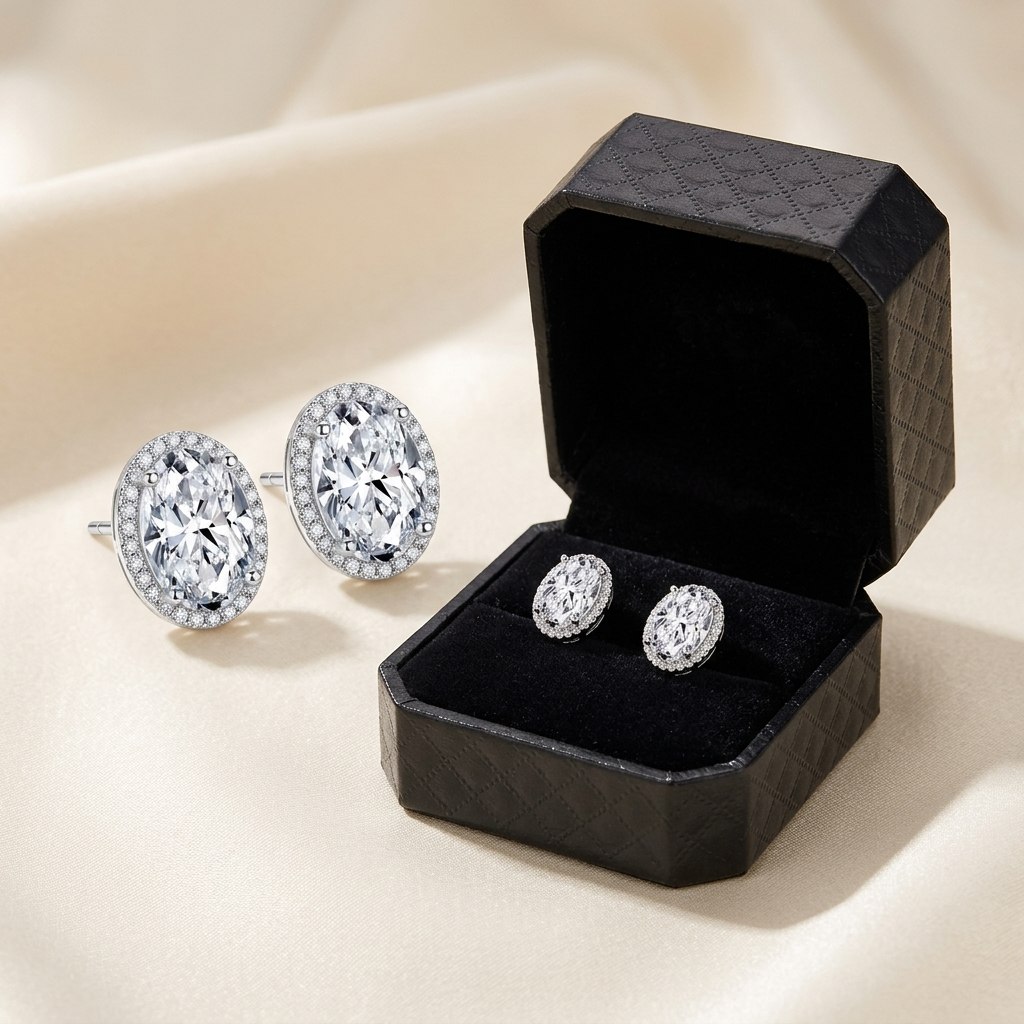 Moissanite oval halo stud earrings styled beside jewelry box on cream, Raiment Jewelry & Co.