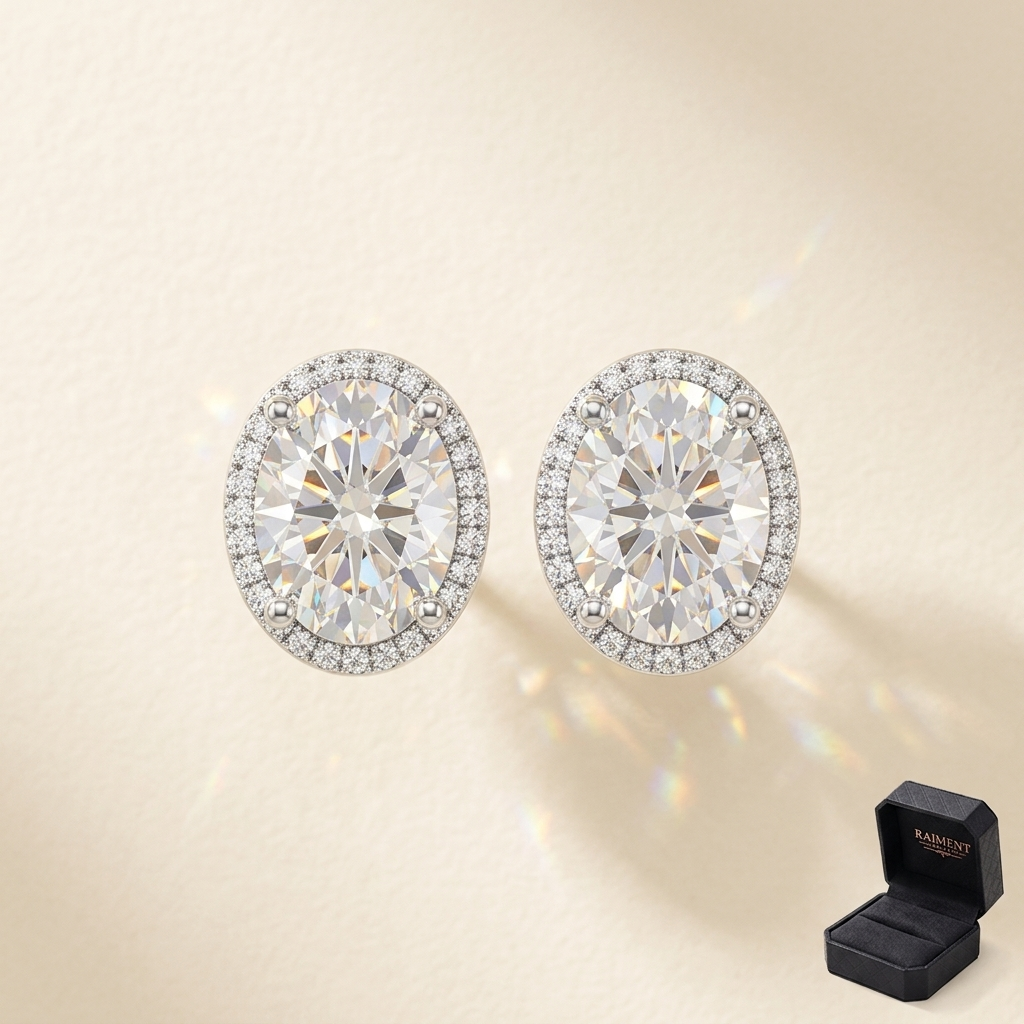 Moissanite oval halo stud earrings on cream background, Raiment Jewelry & Co.