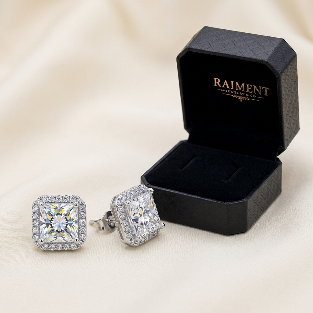 Raiment Jewelry & Co. moissanite princess halo stud earrings beside open jewelry box on cream background
