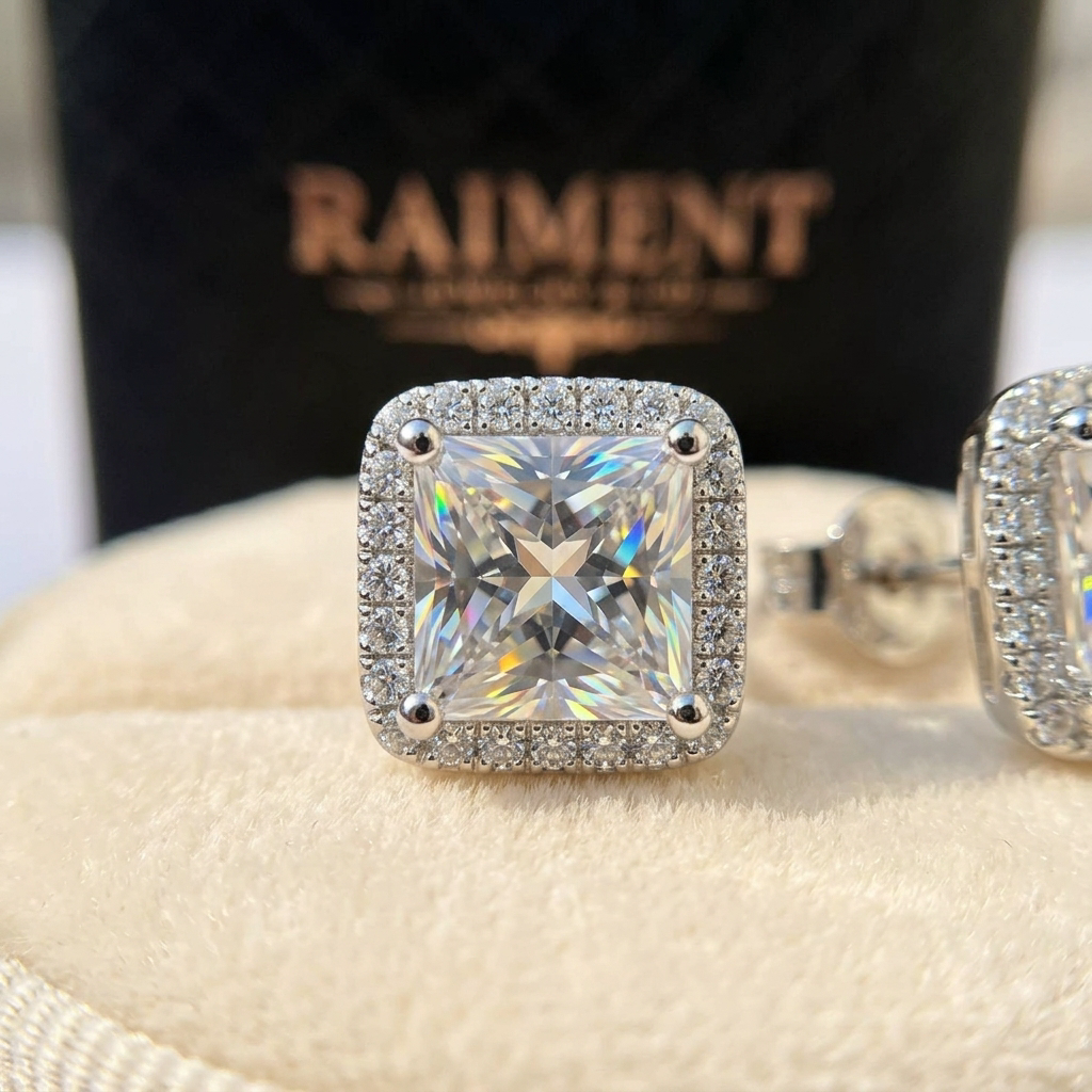 Moissanite princess halo stud earrings macro close-up, Raiment Jewelry & Co.