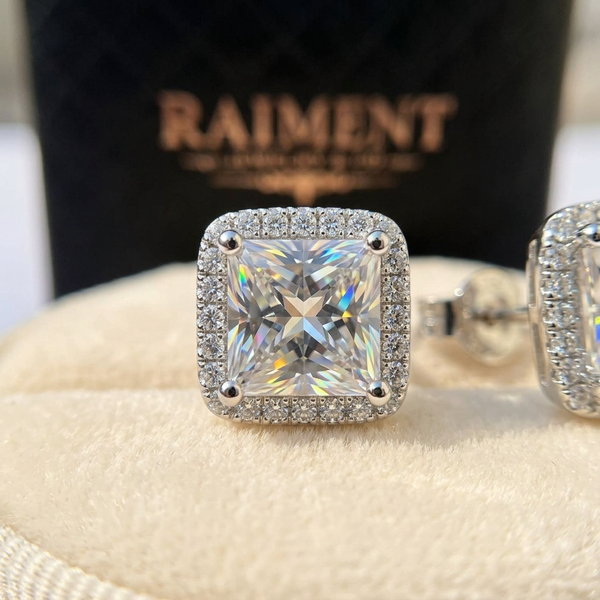 Moissanite Princess Halo Stud Earrings