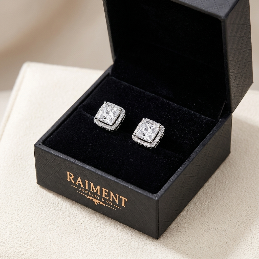 Moissanite princess halo stud earrings inside open jewelry box, Raiment Jewelry & Co.