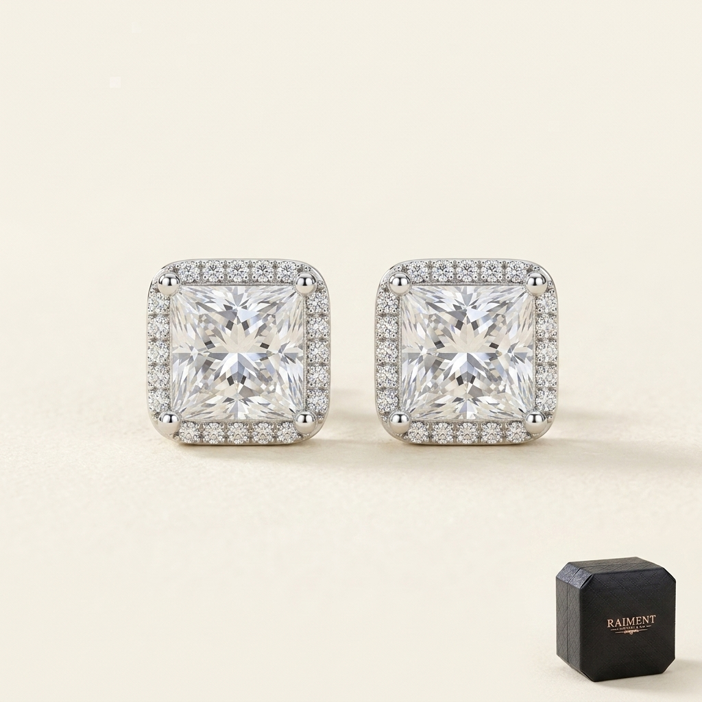 Moissanite princess halo stud earrings on cream background, Raiment Jewelry & Co.