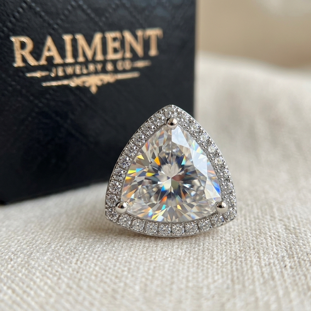 Moissanite trillion halo stud earrings macro close-up, Raiment Jewelry & Co.