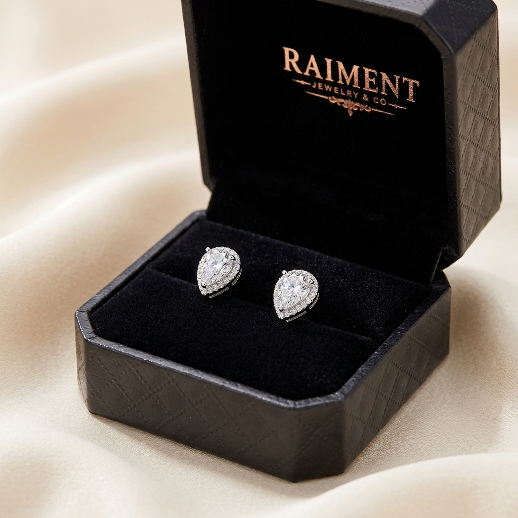 Moissanite trillion halo stud earrings inside open jewelry box, Raiment Jewelry & Co.