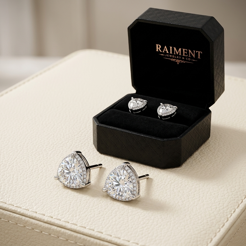 Moissanite trillion halo stud earrings styled beside jewelry box on cream, Raiment Jewelry & Co.