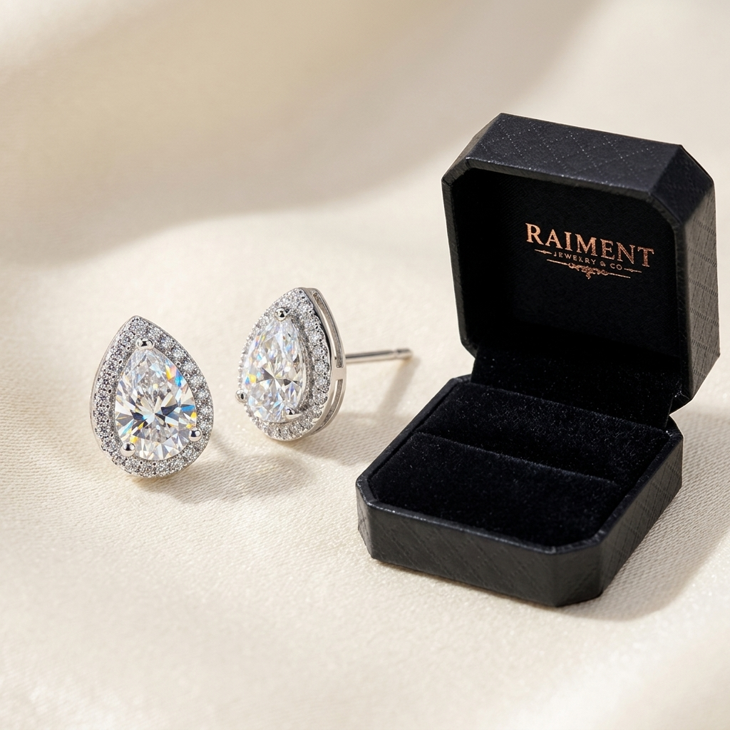 Raiment Jewelry & Co. moissanite pear halo stud earrings beside open jewelry box on cream background
