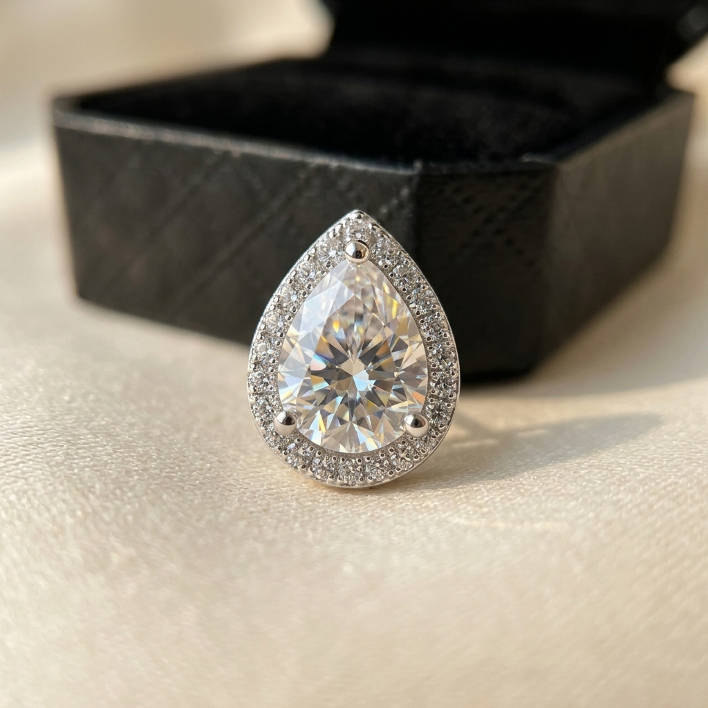 Moissanite pear halo stud earrings macro close-up, Raiment Jewelry & Co.