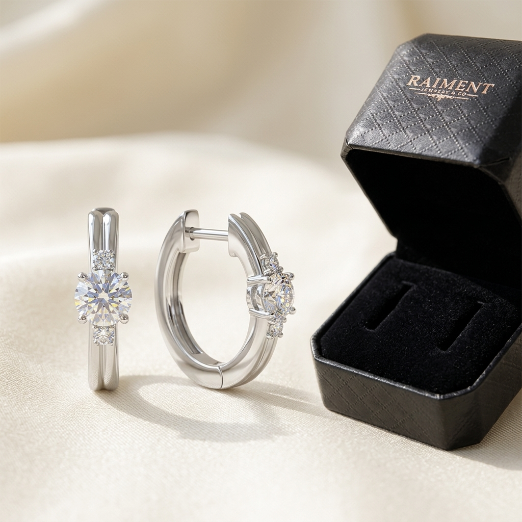 Raiment Jewelry & Co. moissanite huggie hoop earrings beside open jewelry box on cream background
