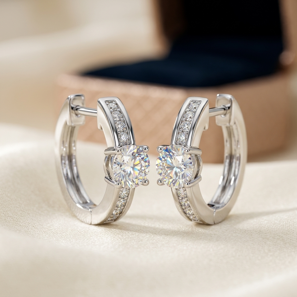 Moissanite huggie hoop earrings in S925 sterling silver, Raiment Jewelry & Co.