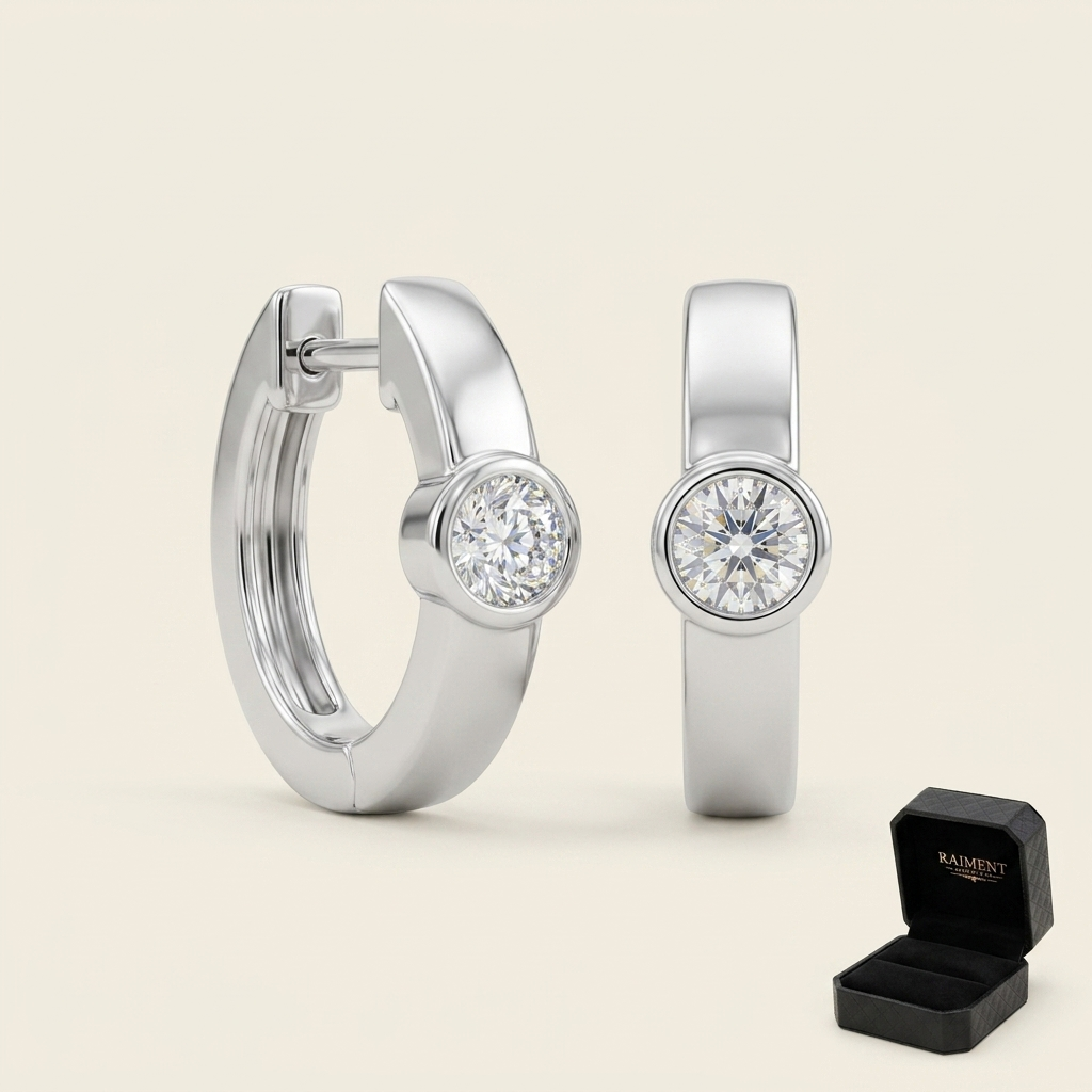 Moissanite huggie hoop earrings on cream background, Raiment Jewelry & Co.