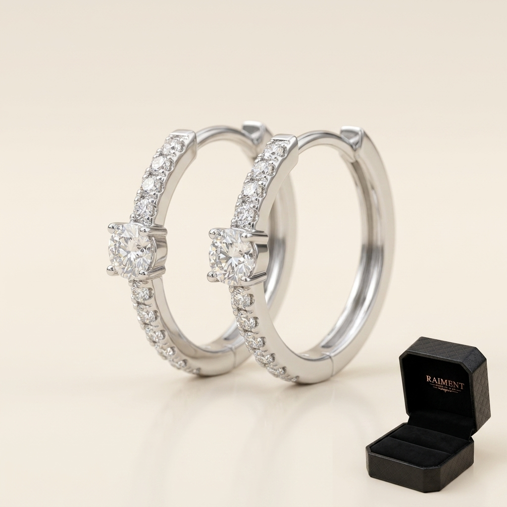 Moissanite slim huggie hoop earrings on cream background, Raiment Jewelry & Co.