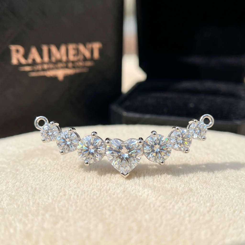 Moissanite graduated cluster necklace macro close-up, Raiment Jewelry & Co.