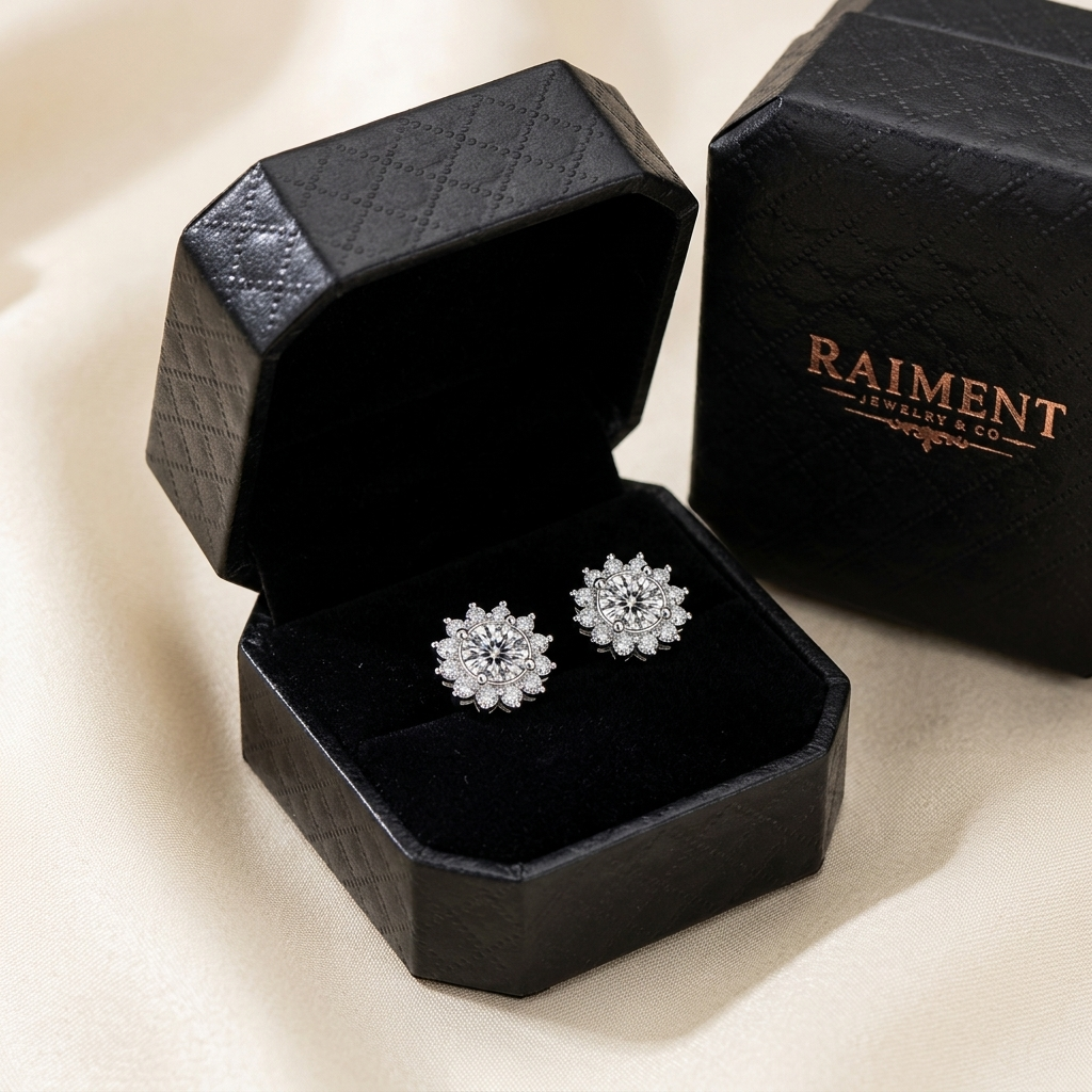 Moissanite sunflower halo stud earrings inside open jewelry box, Raiment Jewelry & Co.