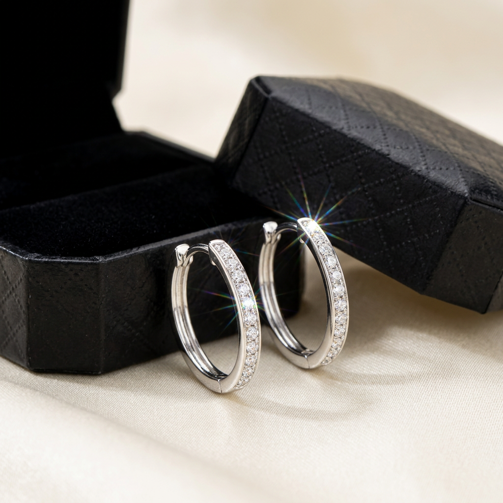 Raiment Jewelry & Co. moissanite pave hoop earrings beside open jewelry box on cream background