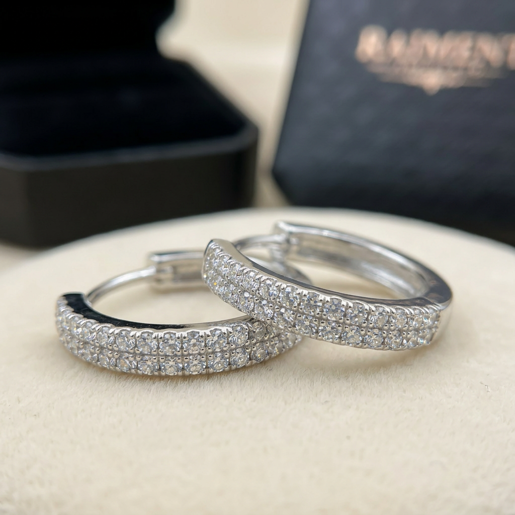 Moissanite pave hoop earrings macro close-up, Raiment Jewelry & Co.
