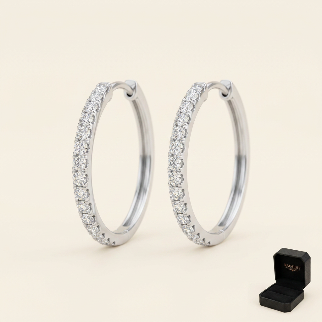 Moissanite pave hoop earrings on cream background, Raiment Jewelry & Co.