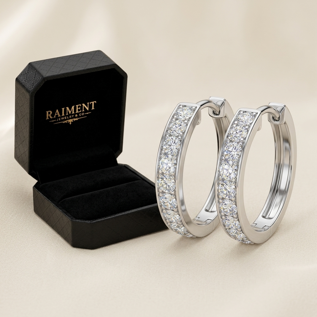 Raiment Jewelry & Co. moissanite pave hoop earrings 1ct beside open jewelry box on cream background