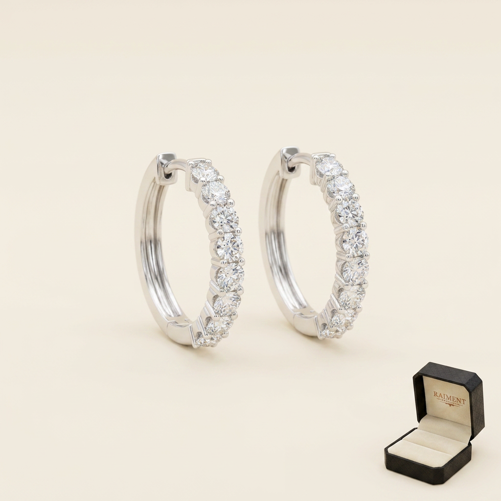Moissanite pave hoop earrings 1ct on cream background, Raiment Jewelry & Co.
