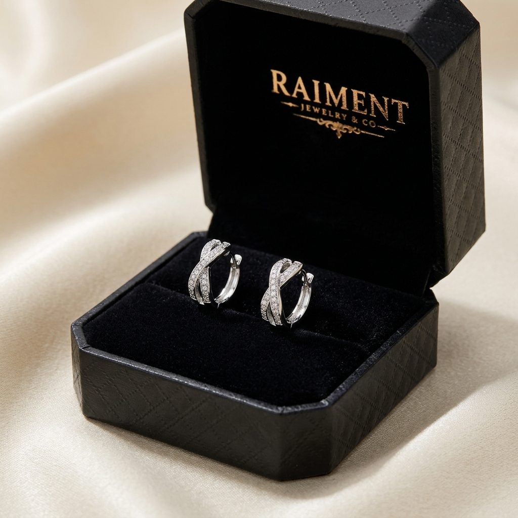 Moissanite pave hoop earrings inside open jewelry box, Raiment Jewelry & Co.