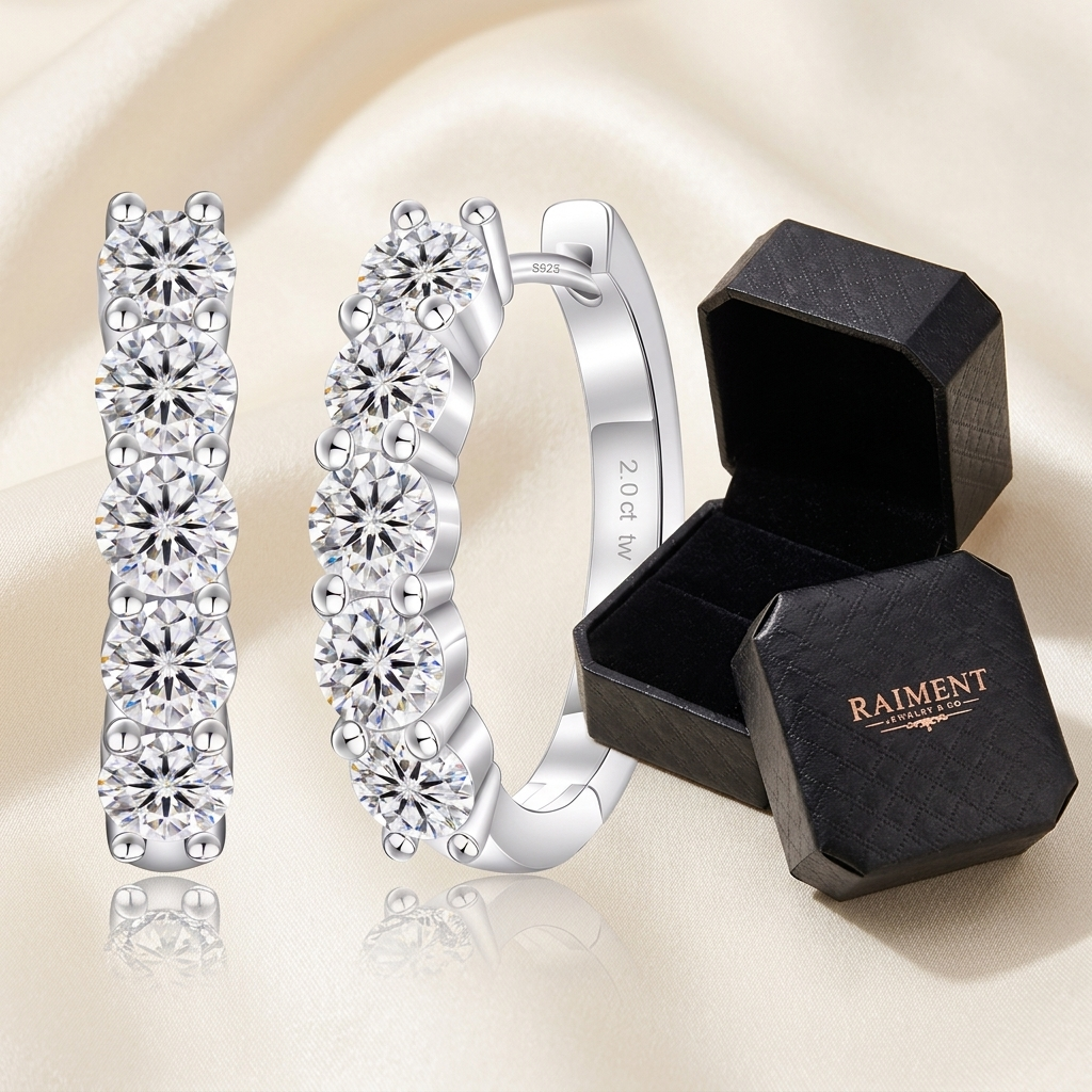 Raiment Jewelry & Co. moissanite graduated hoop earrings beside open jewelry box on cream background