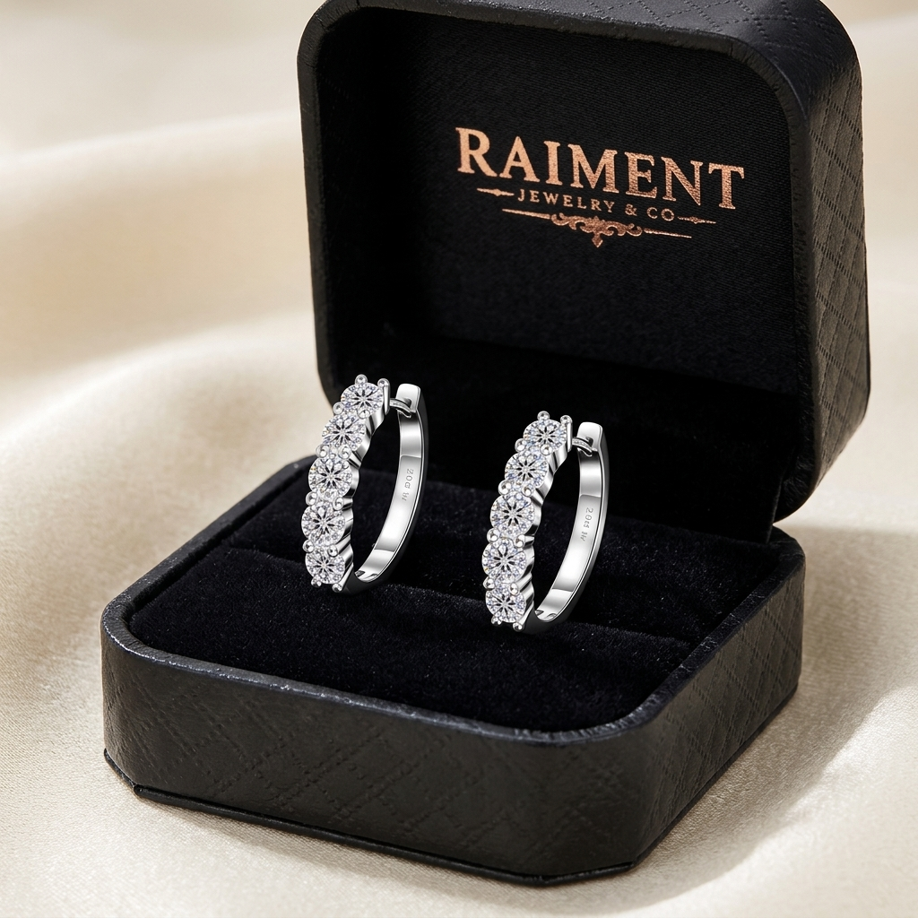 Moissanite graduated hoop earrings inside open jewelry box, Raiment Jewelry & Co.
