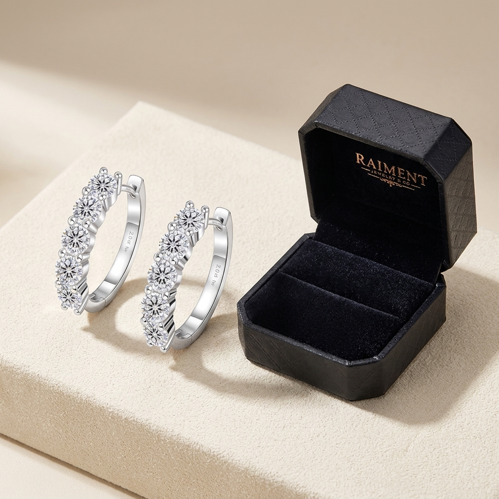 Moissanite graduated hoop earrings styled beside jewelry box on cream, Raiment Jewelry & Co.